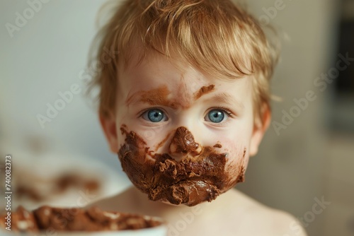 Adorable Toddler with Chocolate-Smeared Face Looking Curious and Innocent photo