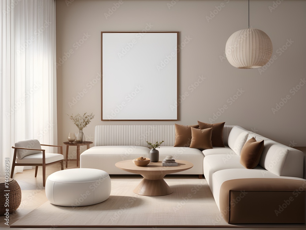 Poster frame mockup on the wall of Japandi style living room Poster frame mockup on the wall of Japandi style living room