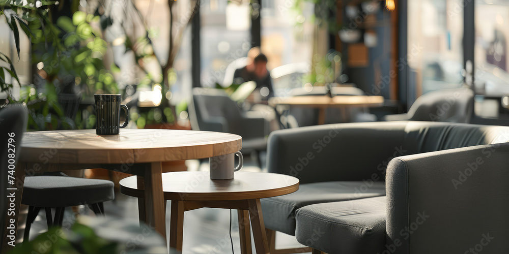 Cozy Coffee Shop Interior with Morning Light. Warm sunlight in through a cozy coffee shop, steaming cup of coffee, wooden table, soft sofa chairs. - obrazy, fototapety, plakaty 
