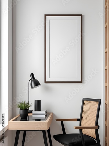 Mockup poster frame on the wall  a minimalist home office