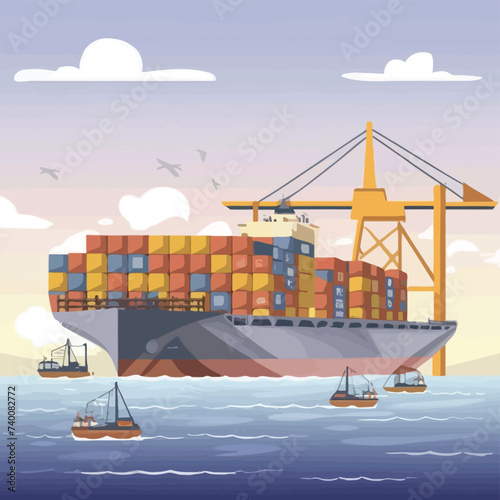 2d vector illustration colorful Land and sea transport techniques, methods and technological tools for transporting and shipping goods and products and logistic 

