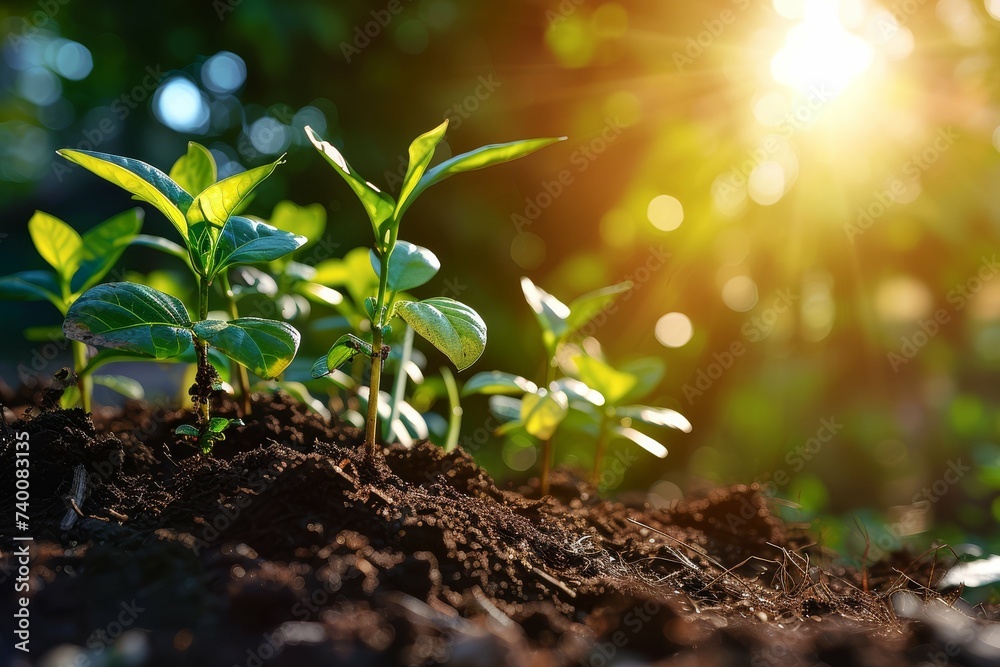 Close-up of young green plants growing in rich soil with sunlight.