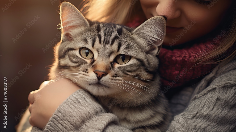 Gray striped cat with woman's hand on a brown background. World Pet Day Gray striped cat with woman's hand on a brown background. World Pet Day