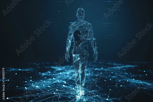 Digital wireframe of a human figure walking on a blue network grid.
