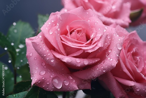 Close-up view of beautiful pink roses with water droplets.