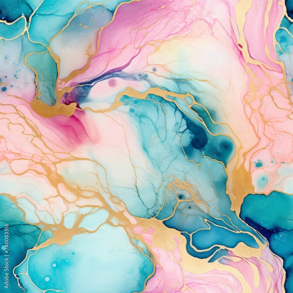 Vivid marble ink patterns floating in water creating an abstract art.
