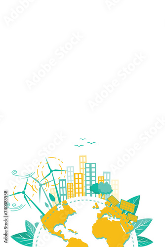 Green energy and clean environment background. Globe earth, wind turbines and solar panels design elements Sustainable Eco Friendly Ecology and Green Alternative Energy Concept Vector Illustration