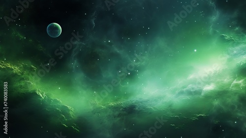 Green fog space star-field nebula and planet