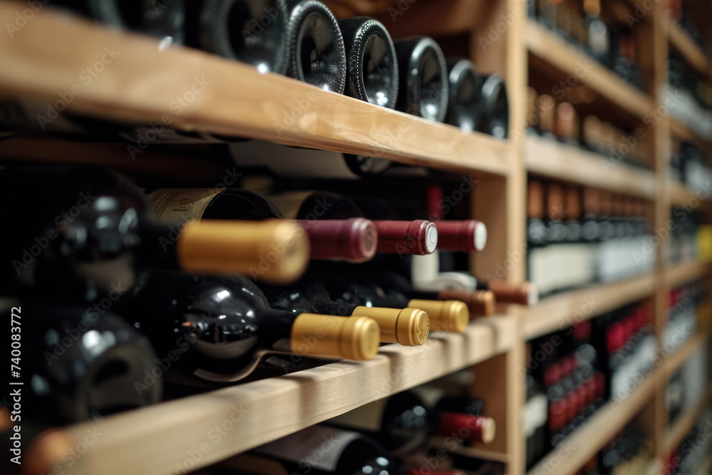 Shelves with wine bottles of different countries flying on the shelves in a wine cellar