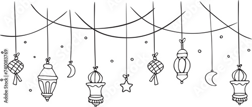 A group of coloring lamps hanging from strings. Muslim Ramadan, Eid Mubarak