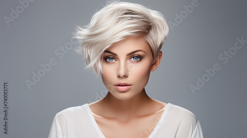 Haircut. Hairstyle. Beautiful Model with short Blond hair