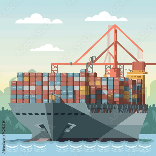 2d vector illustration colorful Land and sea transport techniques, methods and technological tools for transporting and shipping goods and products and logistic 

