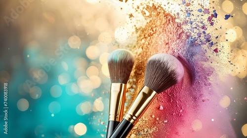 Colorful makeup brushes with powder explosion close up of bursting cosmetic product