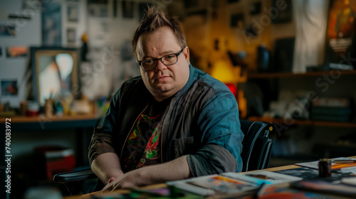 Portrait of a confident man showing his creativity as a graphic designer, inclusivity and diversity, man with Down syndrome working in an advertising agency