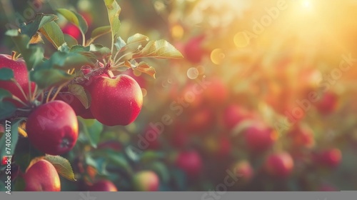 Ripe organic apples growing on tree in greenhouse, healthy fruits concept with copy space for text.