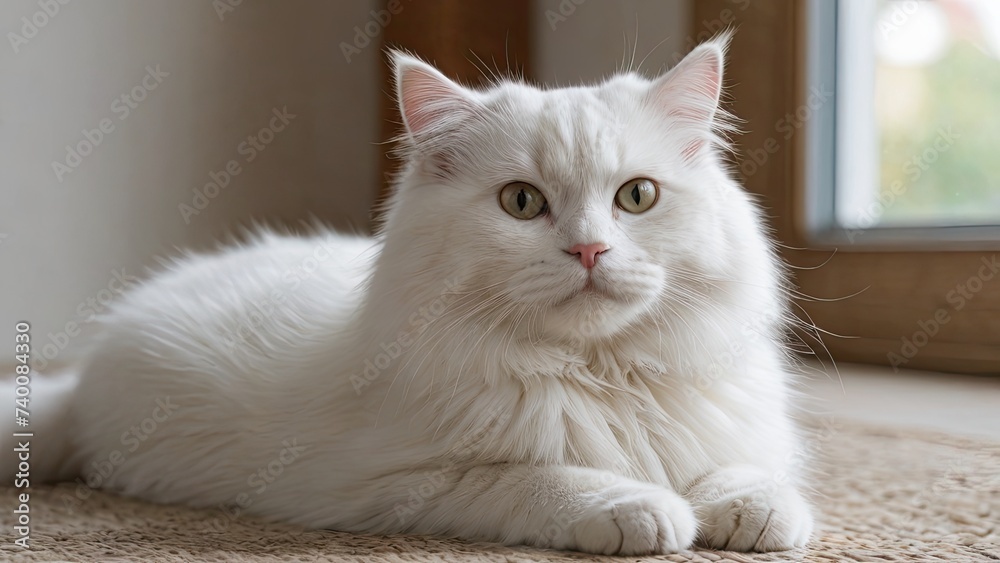 White siberian cat laying on the floor indoor