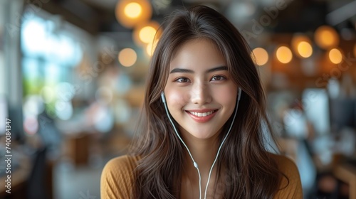 Close-up beautiful asian young smiling with earphones