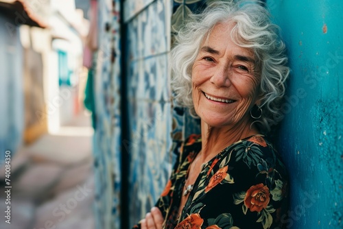 Portrait of a smiling senior woman in the street. Elderly woman in the city.