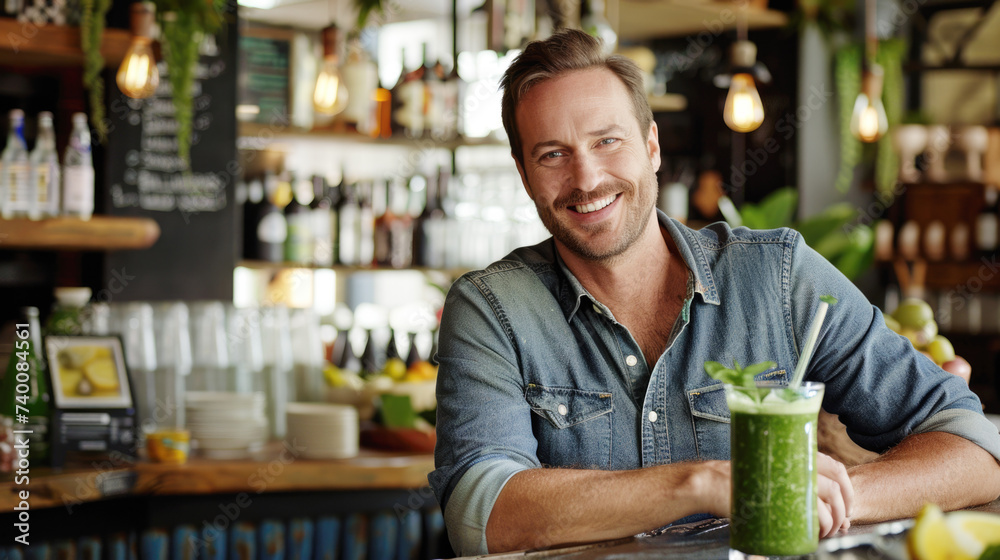 Fototapeta premium Handsome smiling man with a green smoothie cocktail sitting at a table in a cafe, healthy eating and diet