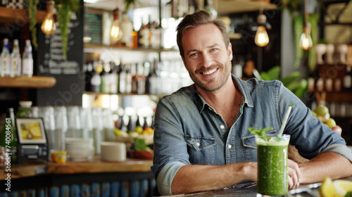 Handsome smiling man with a green smoothie cocktail sitting at a table in a cafe, healthy eating and diet photo