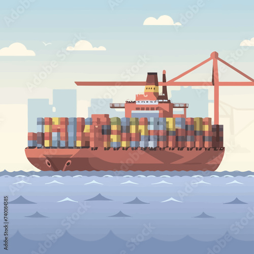 2d vector illustration colorful Land and sea transport techniques, methods and technological tools for transporting and shipping goods and products and logistic 


