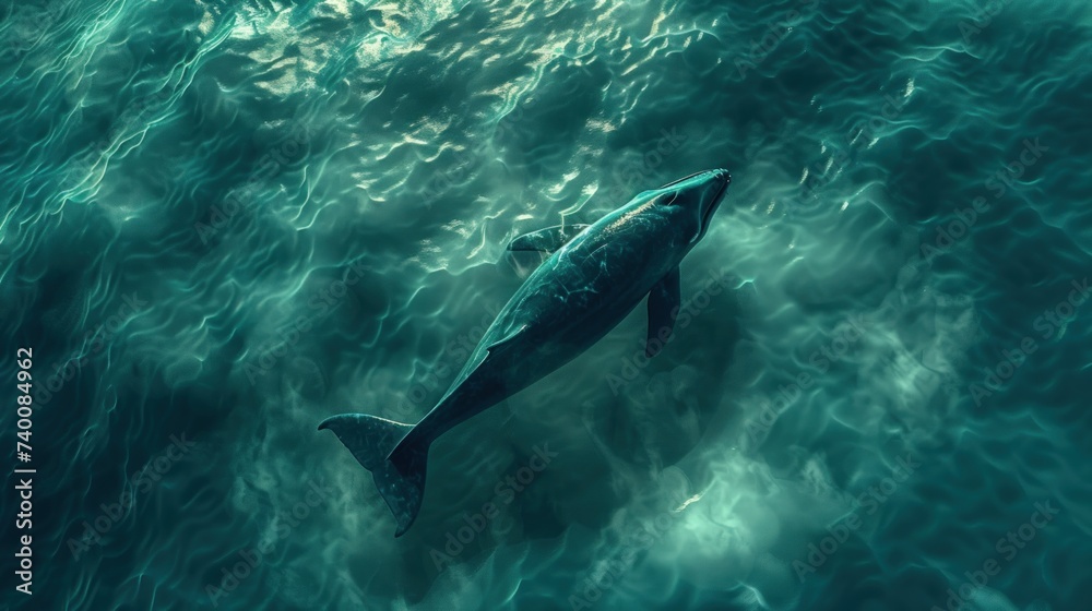 Fototapeta premium whale swims in the water, jumps out of the water against the background of ice. Background with the image of cart animals for advertising travel, scuba diving, desktop wallpaper.