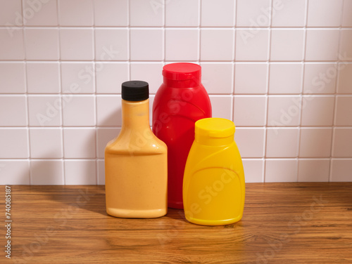 Flavorful sauces for food. Mustard and ketchup, lunch or dinner.