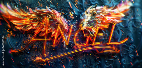 Text "Angel" neon glowing, stylized angel wings on a absrtract background Pair of angel or bird wings art background.