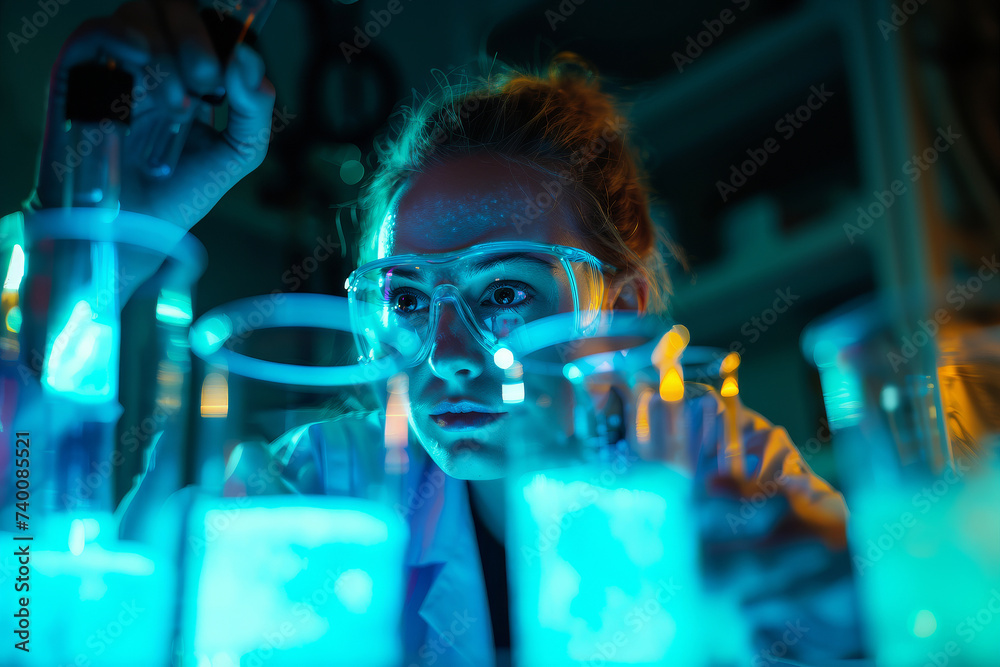 A female scientist researcher conducting tests and experiments in the laboratory with bioluminescent fluids. Science research concept