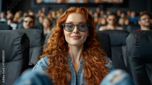 Joyful woman in movie theater watching film in 3d glasses, blurred background with audience