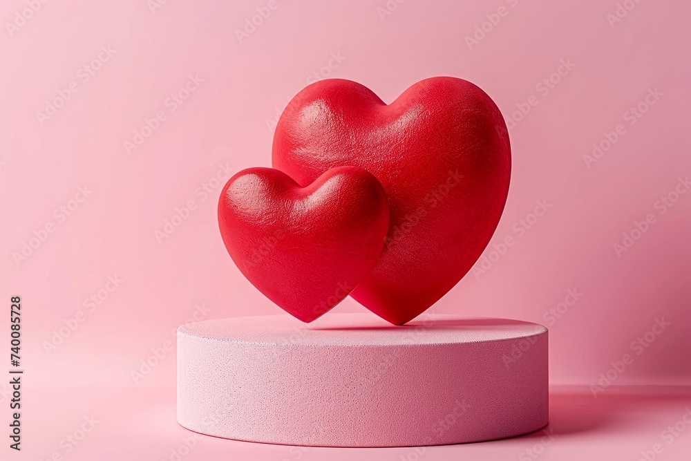 Pink podium with red heart on pastel background to show cosmetic products. Minimal romantic backdrop with stand for branding and presentation on Valentine's, Generative AI