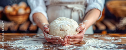 A baker kneads dough preparing it for baking fresh bread against blurred bakery background.	 photo
