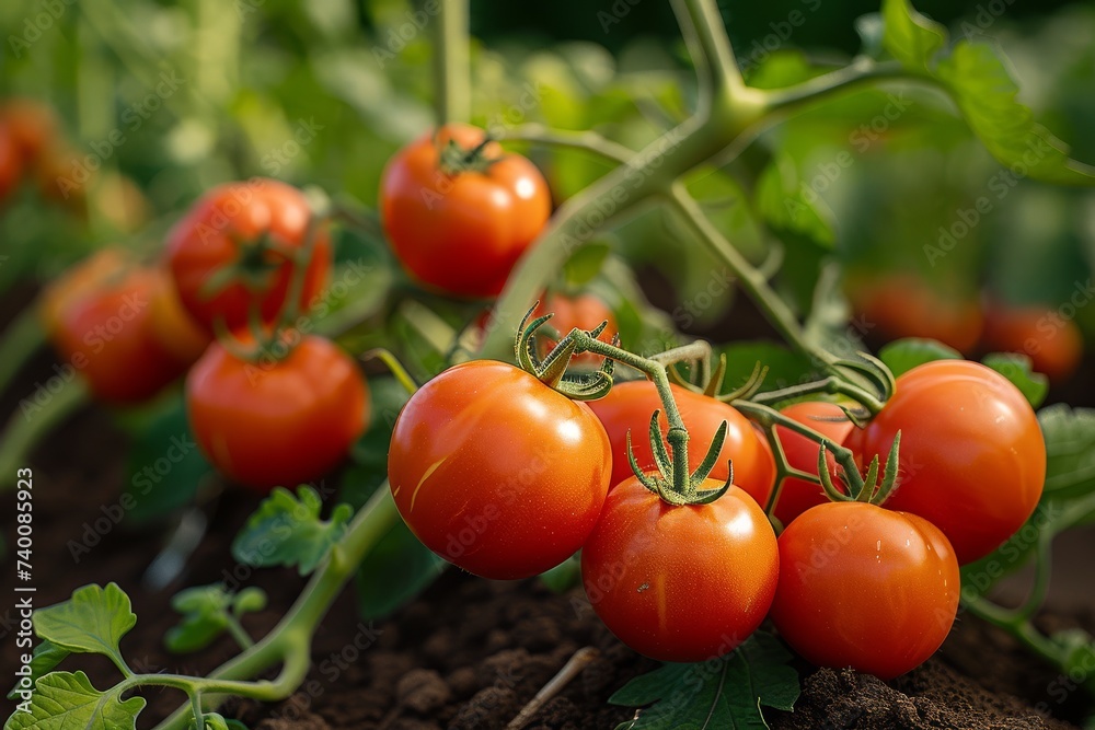 Juicy, ripe tomatoes basking in the sunlight, growing on the vine in a garden.