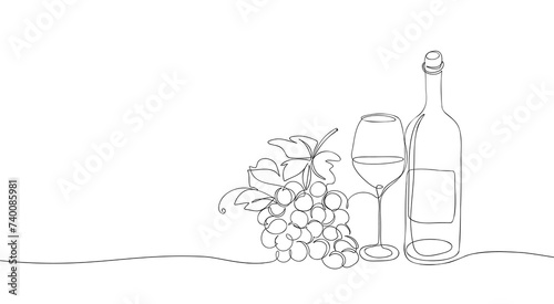 Bottle of wine with glass and grape one line drawing. Minimalist sketch of wineglass with red wine and bunch of grapes, alcohol concept. Vector contour illustration