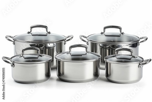 Set of for stainless steel cooking pot isolated over white background with clipping path. Full Depth of field. Focus stacking, front view, Generative AI