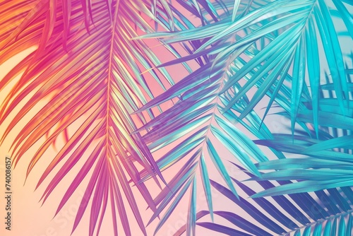 Tropical palm leaves in vibrant neon gradient  holographic colors. minimal art concept  Generative AI