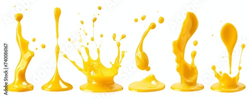 Set of yellow drops and splashes of cheese sauce or mustard isolated on white background. With clipping path. Full depth of field. Focus stacking. PNG, Generative AI photo