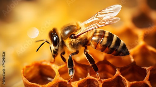 Macro photo of a bee on a honeycomb. National honey bee day. September honey month photo