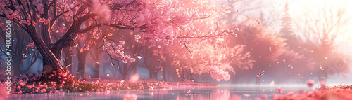 A mystical cherry blossom forest bathed in soft light, with petals gently falling onto a serene water surface, invoking a dreamlike tranquility. 