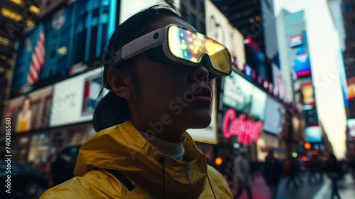 brunette girl on the streets of new york with virtual reality glasses in high definition