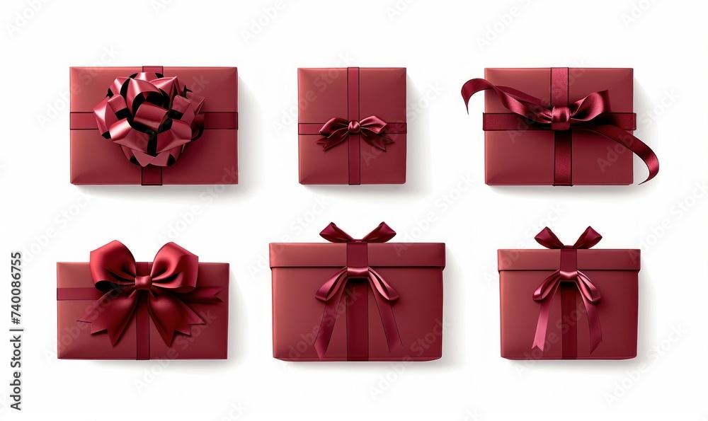 Set of red burgundy color gift wrapped presents with ribbon bows isolated on white or white background, Generative AI