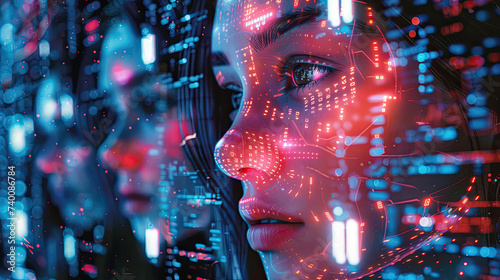 A close-up of a female face with a cybernetic, digital interface, representing advanced artificial intelligence and futuristic technology concepts. 