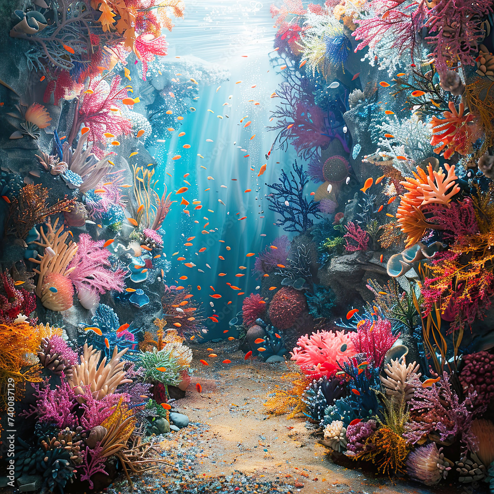 A vivid underwater scene showcasing a diverse coral reef teeming with tropical fish and bathed in rays of sunlight.
