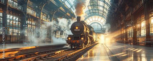 A classic steam locomotive leaves a grand old train station, its journey beginning amidst a dramatic sunrise and billowing steam.
 photo