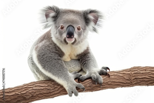 Koala sitting on tree branch isolated on white background  Generative AI