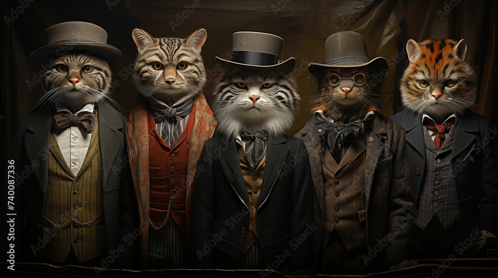 Group of cats wearing top hats and tails. Generative AI