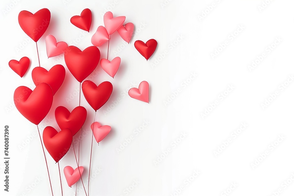 Valentine's day background with red and pink hearts like balloons on white background, flat lay, clipping path. PNG, Generative AI