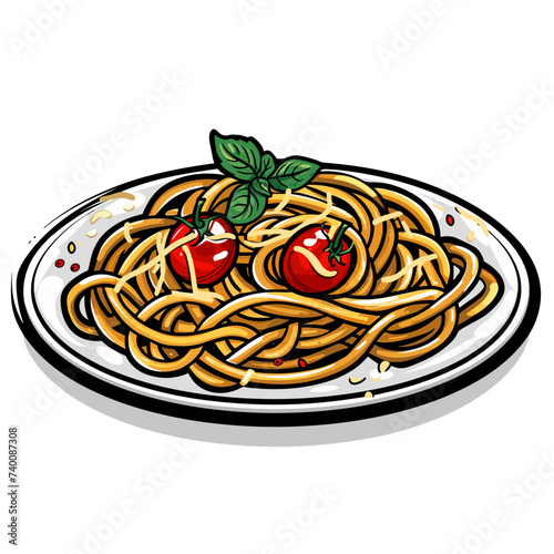 Spaghetti with tomato and basil on a plate. Vector illustration.
