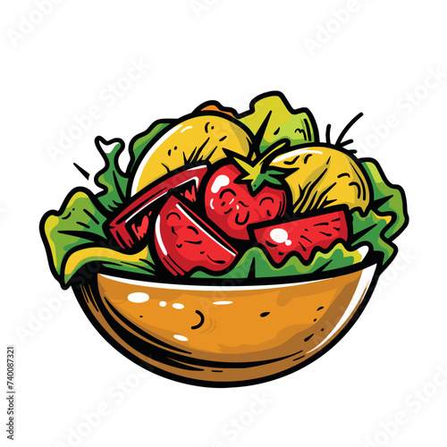 Vector illustration of a bowl of salad with tomato and cucumber.