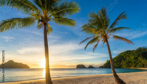 Two palm trees on the beach at dawn  Corong Corong beach  El Nido  Palawan  Mimaropa  Luzon  Philippines